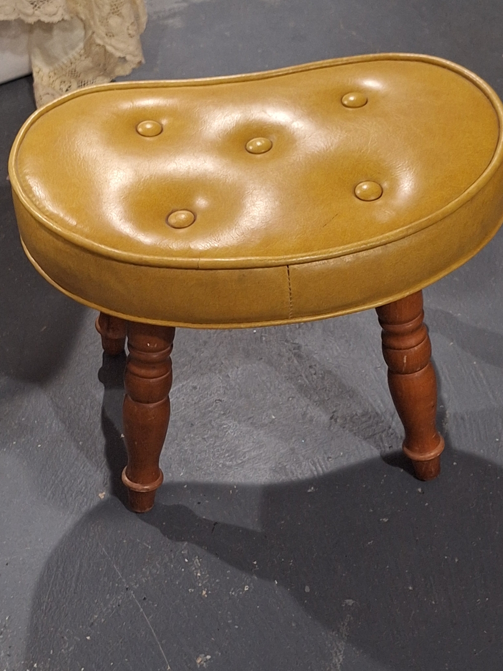 Vintage Mustard Yellow Tufted Vinyl Footstool.legs Has Some Scratches From Use.